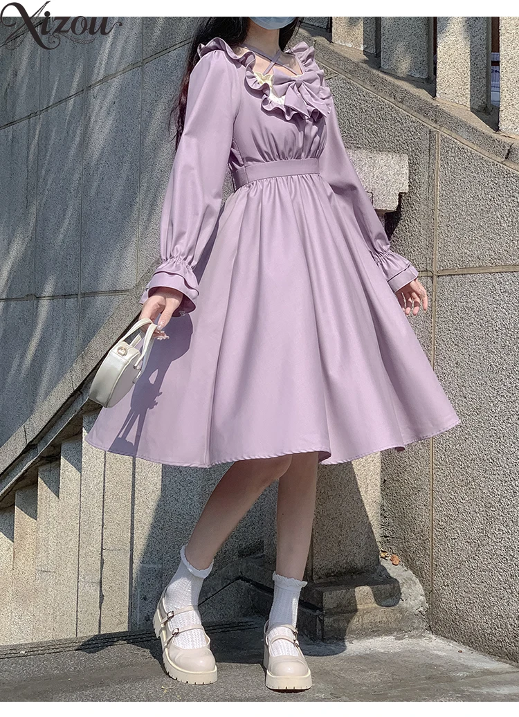 2025 فساتين لوليتا النسائية اليابانية الأرجواني الحلو Kawaii Y2k نفخة الأكمام القوس طوق الكشكشة سليم صالح الأميرة فستان صيفي سيدة