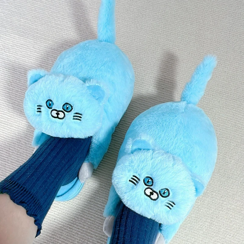 Cuddly Hug Cat Slippers Women Men Winter Home Slides Kawaii Floor Shoes Furry Slippers Girl White Mules Funny Cute Gift Slippers