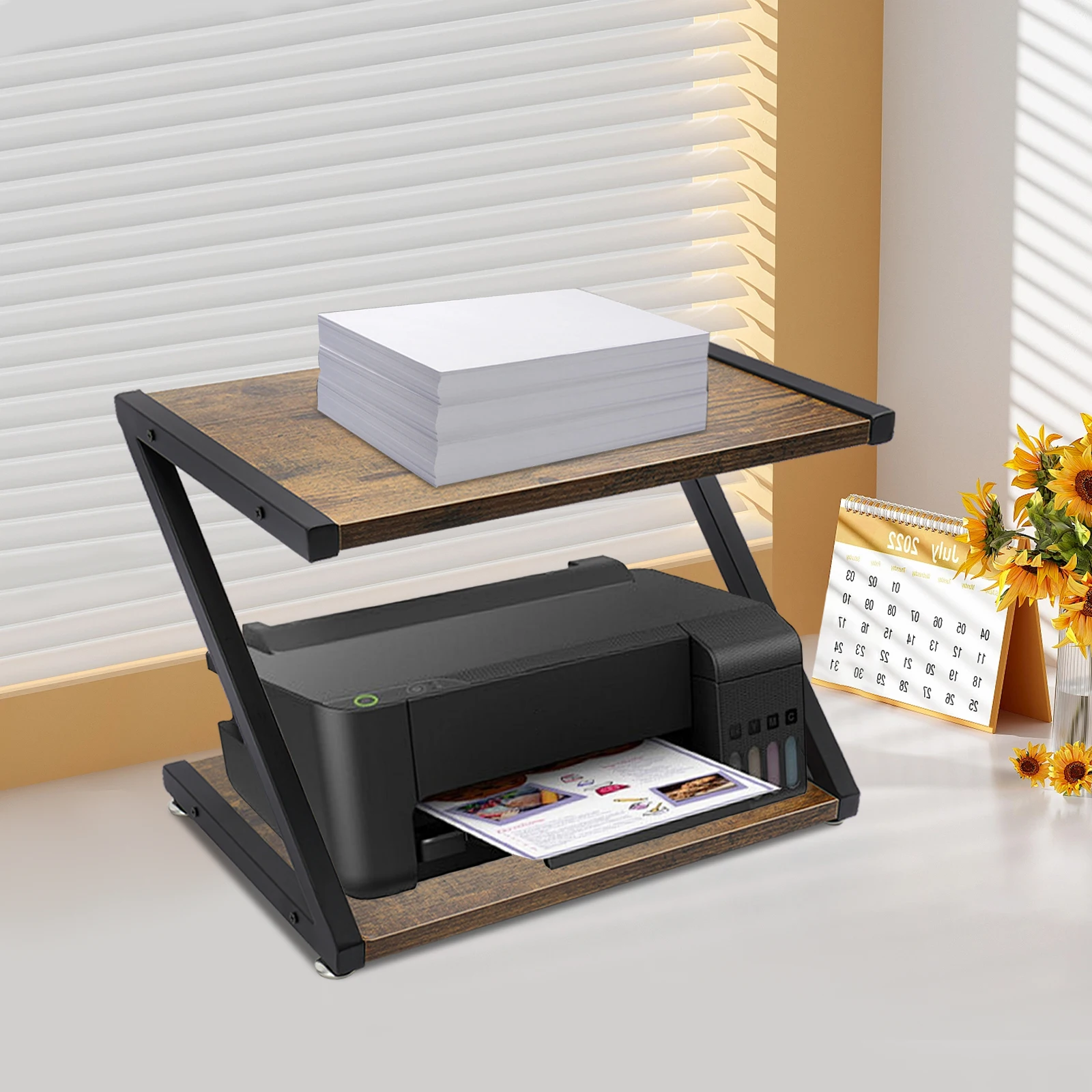 Desktop Printer Stand with 2 Tier Wood Storage Shelves, Desk Organizer for Fax Machine, Scanner, Files, Books