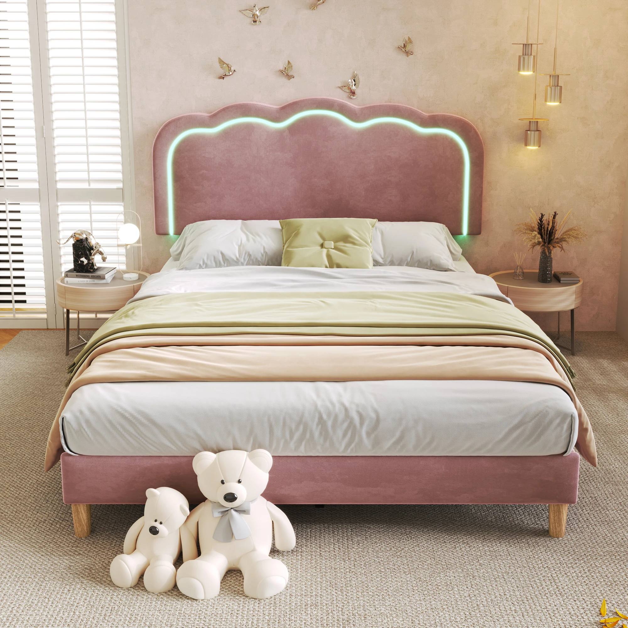 Lit adulte 140 × 200 cm, lit double avec tête de lit réglable et LED, sans matelas, en velours, rose