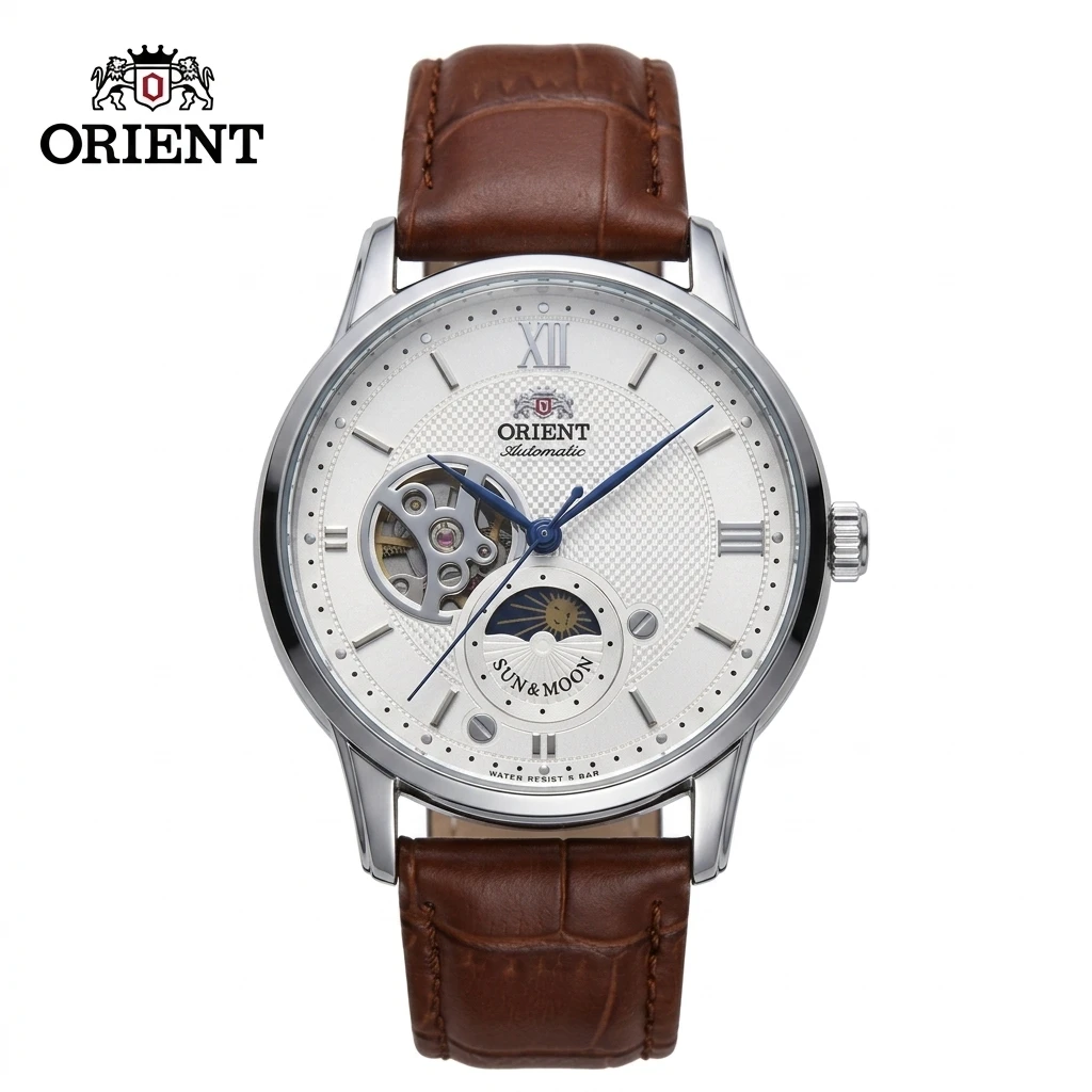Orient Japan Men Open Heart Skeleton Automatic Mechanical Watch Sun Moon Phase Crocodile Grain Leather Strap Business Wristwatch