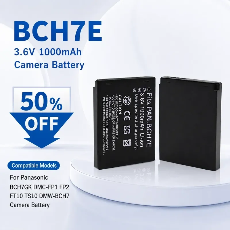

BCH7E 3.6V 1000mAh for Panasonic BCH7GK DMC-FP1 FP2 FT10 TS10 DMW-BCH7 Camera Battery Pack Rechargeable Li-ion Digital