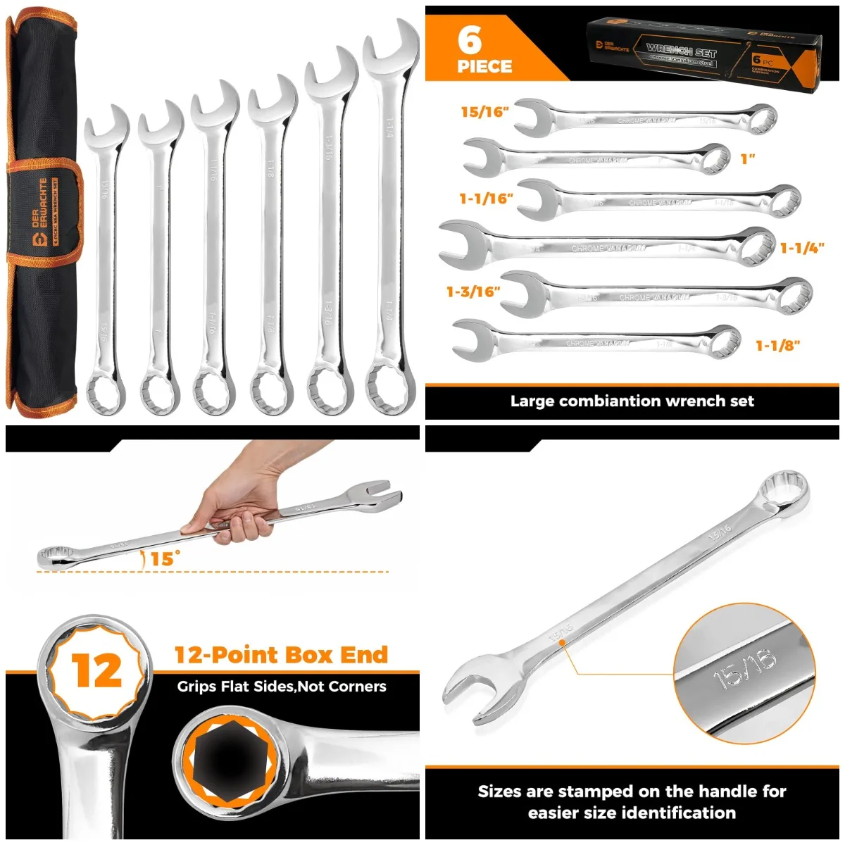 

Большой набор ключей SAE из 6 предметов, от 15/16 до 1-1/4 дюйма, 12 точек, хром-ванадиевая сталь, прокатный чехол