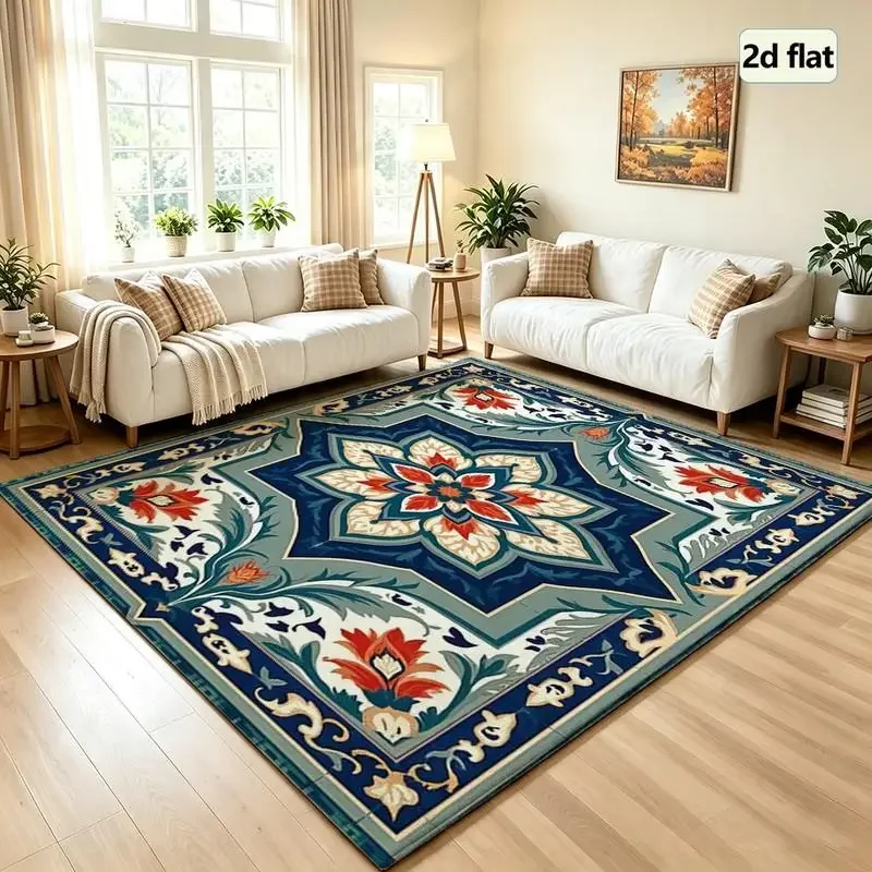 Teal Orange Bohemian Floral Carpet Flooring Square Mandala Area Rug Home Interior Floor Ornament