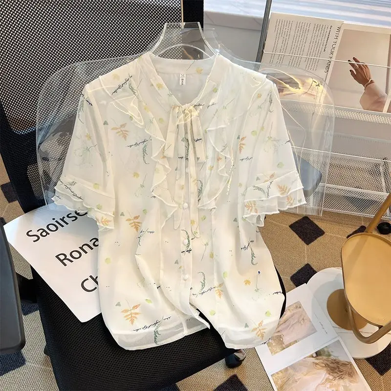 Broken Flowers Casual V-Neck Shirt Women's Stylish Ruffles Spliced Summer Short Sleeve Drawstring Commute Single-breasted Blouse