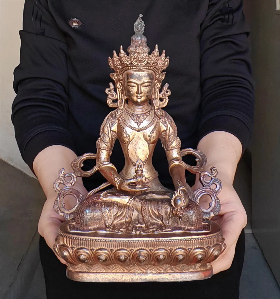 29cm Amitayus Amitabha Buddha Statue Sakyamuni Old India Copper Gilt blessed