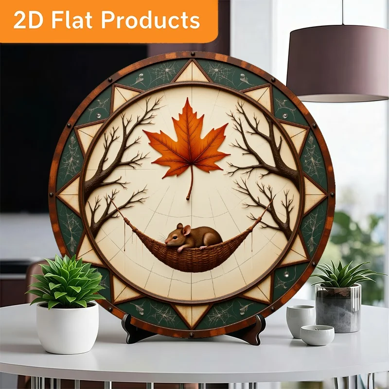 Retro-Wandkunst-Schild im amerikanischen Stil, 2D, flach, rund – 11,81 Zoll großes Mäuse-in-Hängematte-Blumenmuster, Landhaus-Gartendekoration, Geburtstagsgeschenk