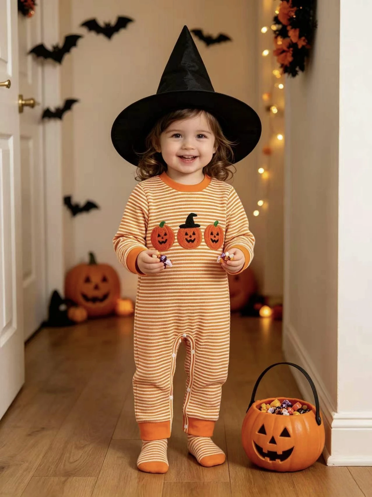 Newborn Baby Halloween Jumpsuit Long Sleeve Stripe Pumpkin Witch Embroidery Infant Fall Holiday One‑Piece Romper Bodysuit