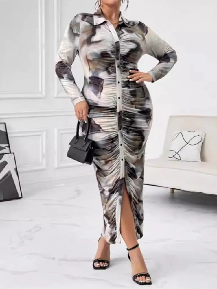 Plus Size Sommer langes Kleid Frauen unregelmäßigen Graffiti-Druck Mode sexy schlanke Bodycon Damen Kleider Langarm Frau Kleid