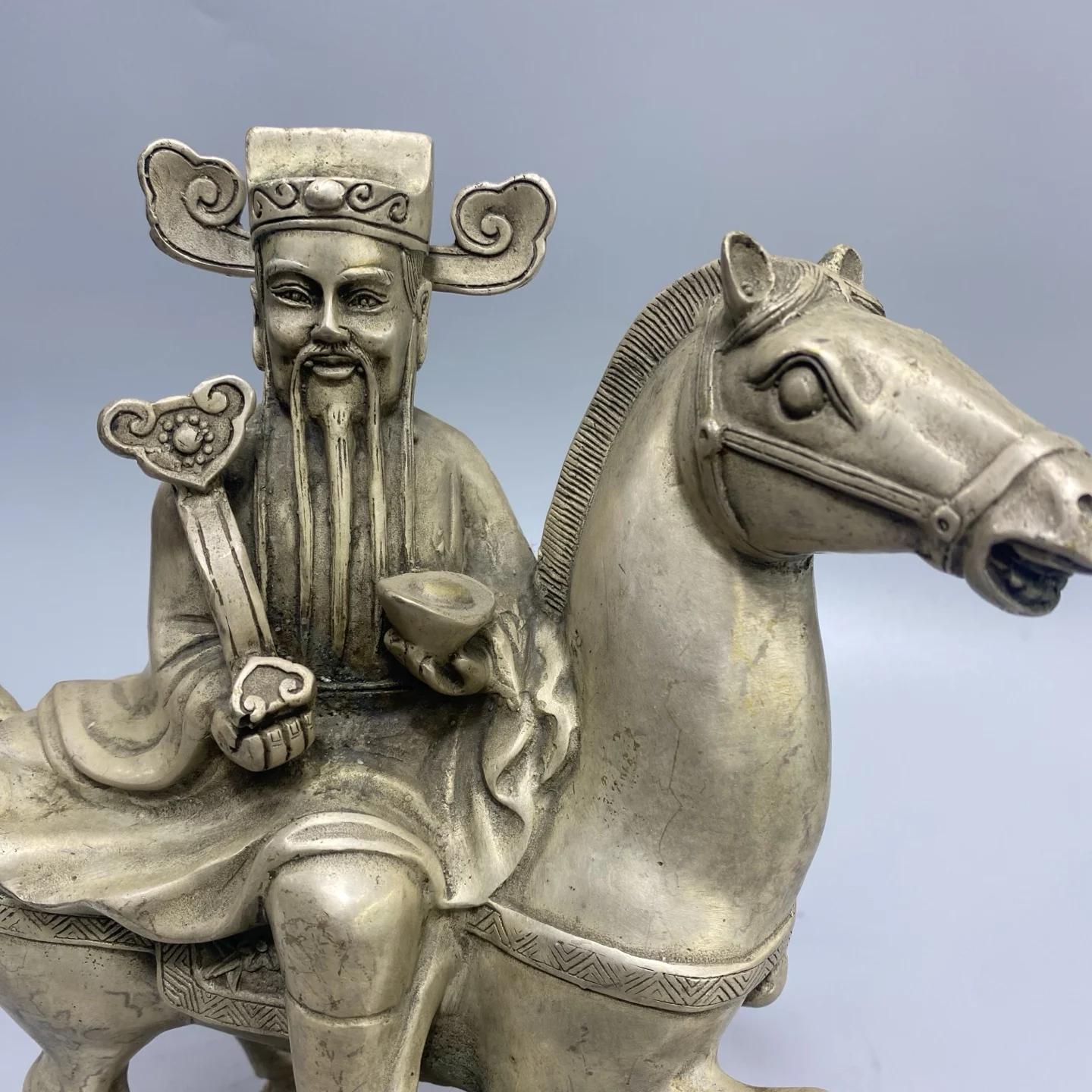 Bronce antiguo Dorado Plata Dios de la riqueza montar a caballo Rico inmediatamente Amass riqueza Salón de adoración Casa de ciudad