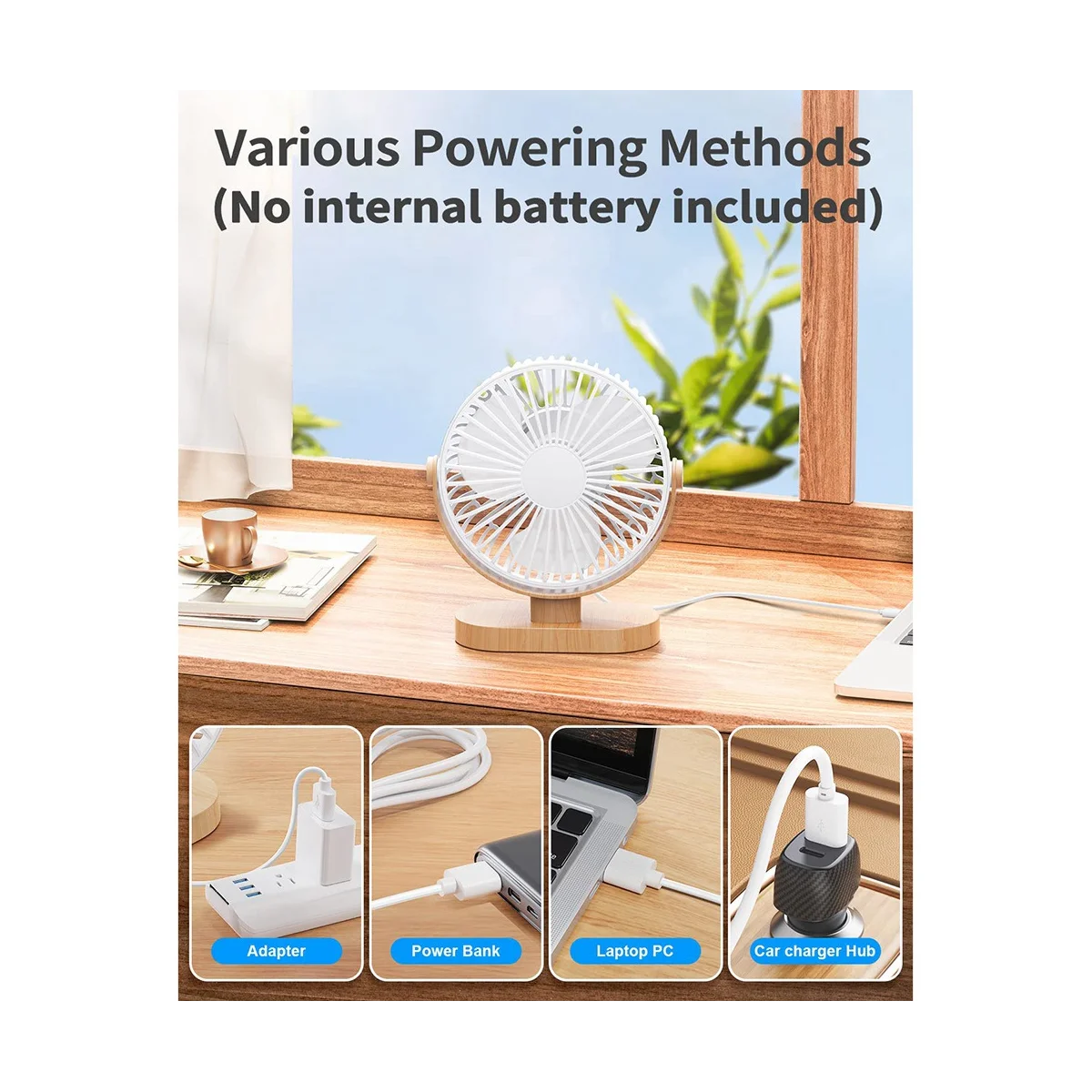 6.5 Inch USB Desk Fan 3 Speeds Quiet Portable Desktop Table Fan 360° Adjustment Personal Mini Fan for Home Office White