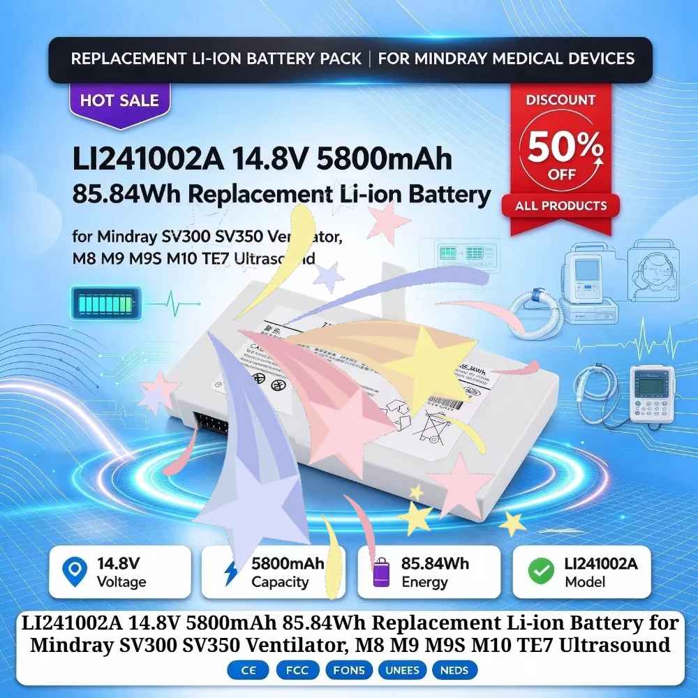 LI241002A 14.8V 5800mAh 85.84Wh Replacement Li-ion Battery for Mindray SV300 SV350 Ventilator, M8 M9 M9S M10 TE7 Ultrasound