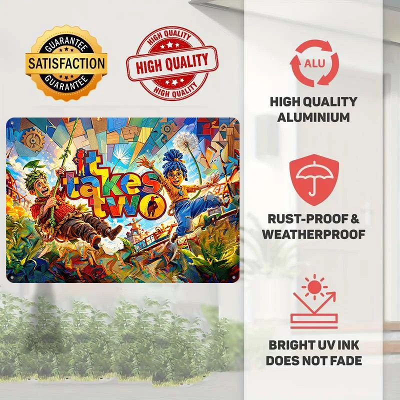 It Takes Two Game Art Personalized 3D Textured Metal Poster Wall Art Vintage Tin Signs for Decoration Room Decor Luxury Home Man