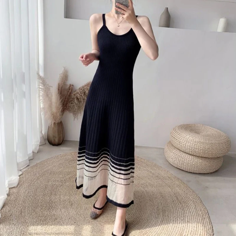 

Knitted Camis Women Dress Korean Fashion Mesh Splicing Casual A Line Midi Dress Female Elegant Sleeveless Elastic Base Sundress