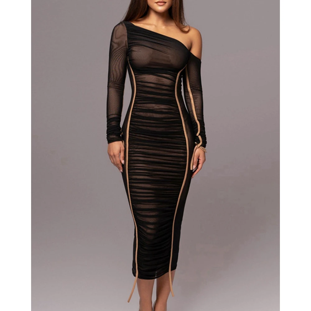 

Women Sheer Mesh Ruched Skew Collar Bodycon Dress Robe Longue Femme Party Long Sleeve Vestidos Elegant Formal Occasion Dresses