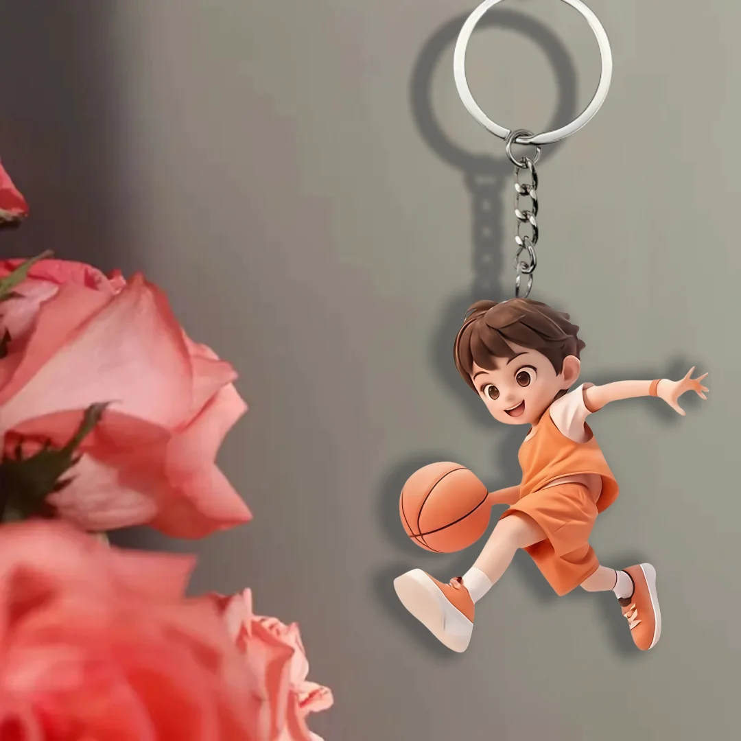 2D Basketball Boy Keychain Sports Theme Cartoon Pendant Flat Acrylic Ornament Charms for Car Bag Festive Gift Hanging Decoration