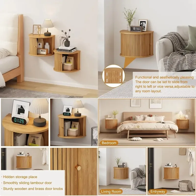 Wood Small Floating Curved Groove Wall Mounted Bedside Table with Sliding Door Storage Space for Home Use