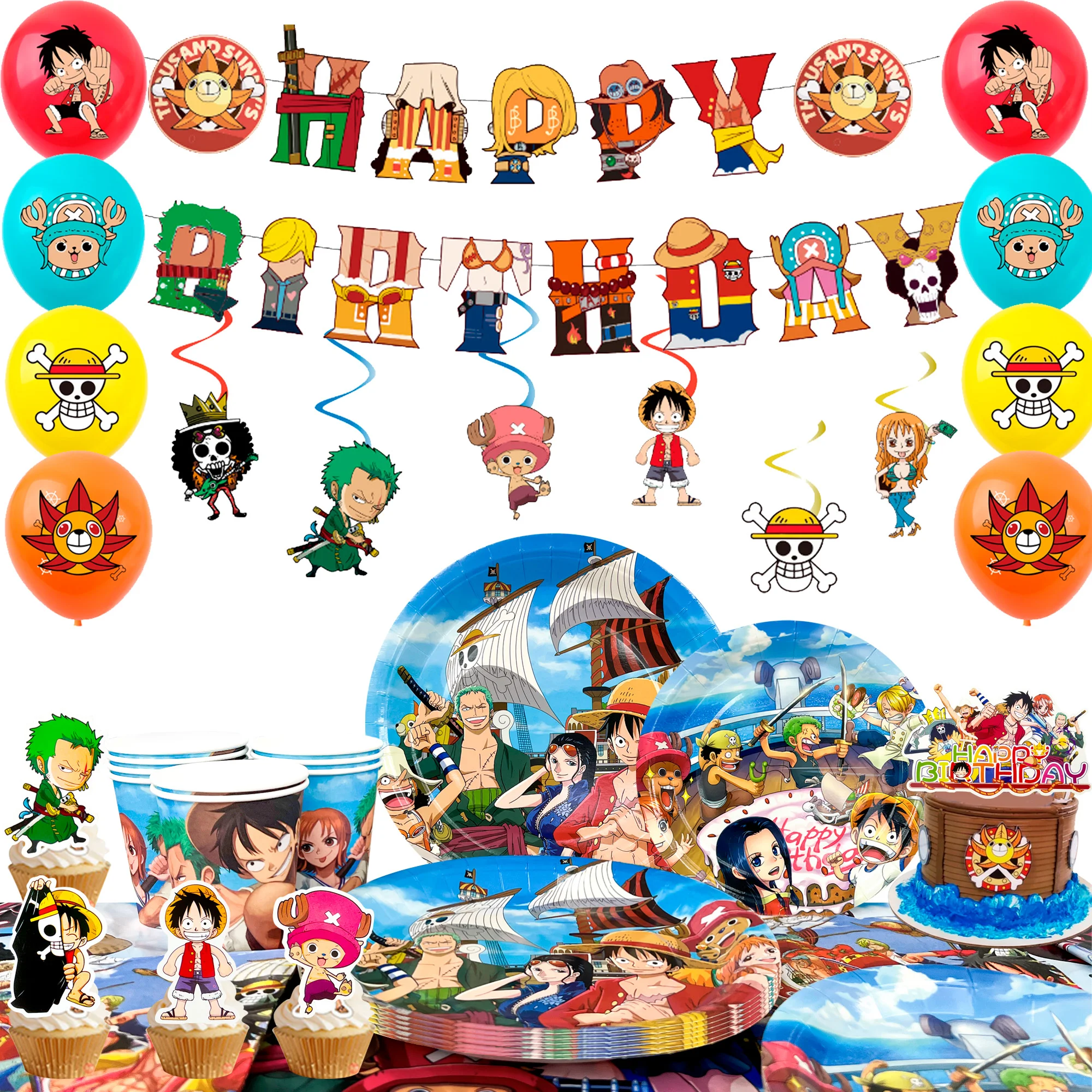 117 pièces de fournitures pour fête One Piece - Bannière, ballons, décorations de gâteau, assiettes, etc. pour fête d'anniversaire One Piece