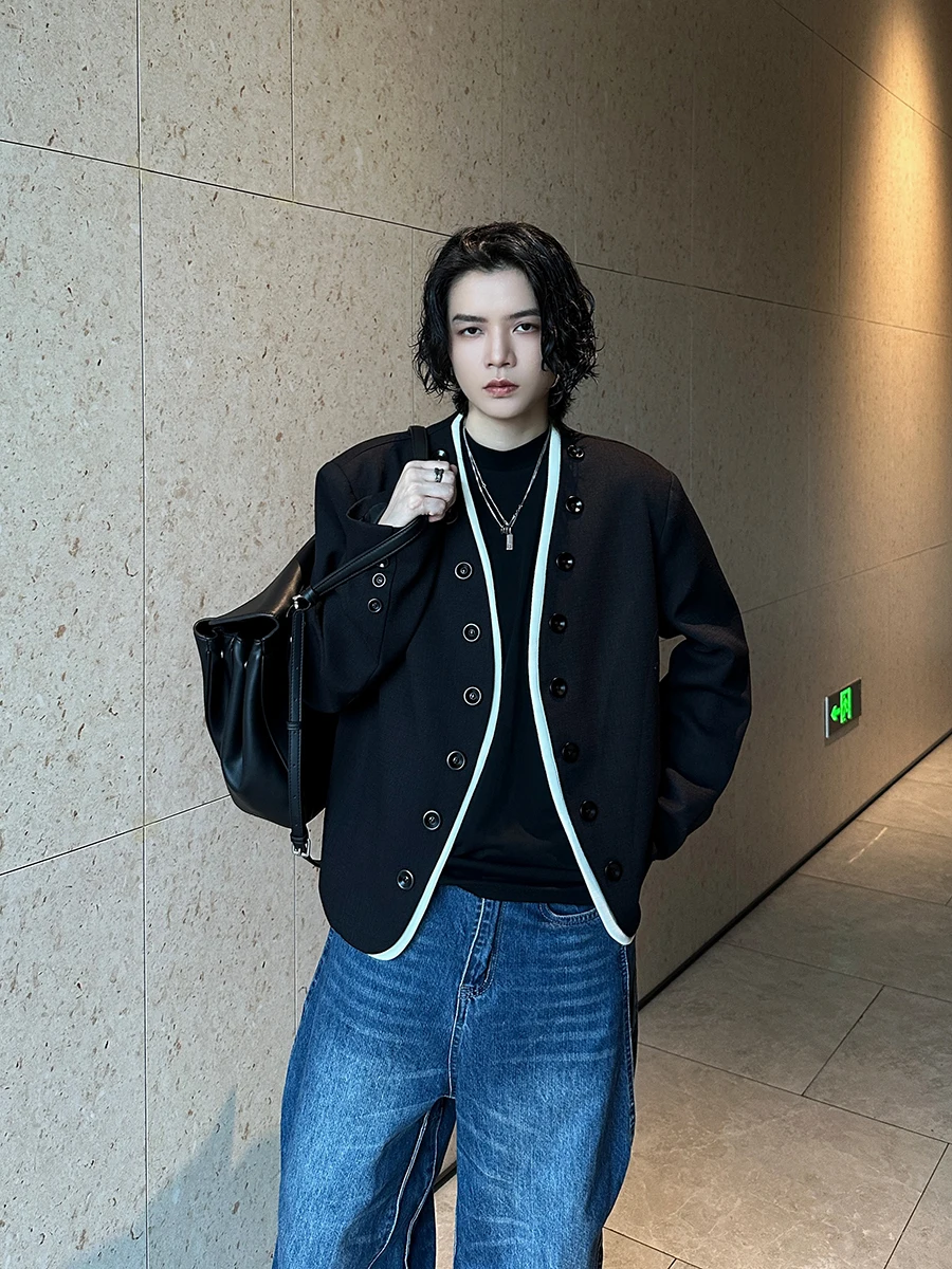 Men's 2025 Spring and Autumn New High-end Button Decoration Coats Contrast Color Casual Jackets Niche Retro Trendy Short Jacket