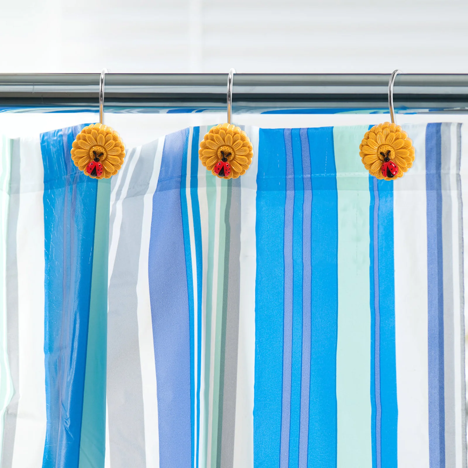 

12Pcs Shower Curtain Hooks Sunflower Ladybird Decorative for Bathroom Bedroom Window Drapery Curtains Rings
