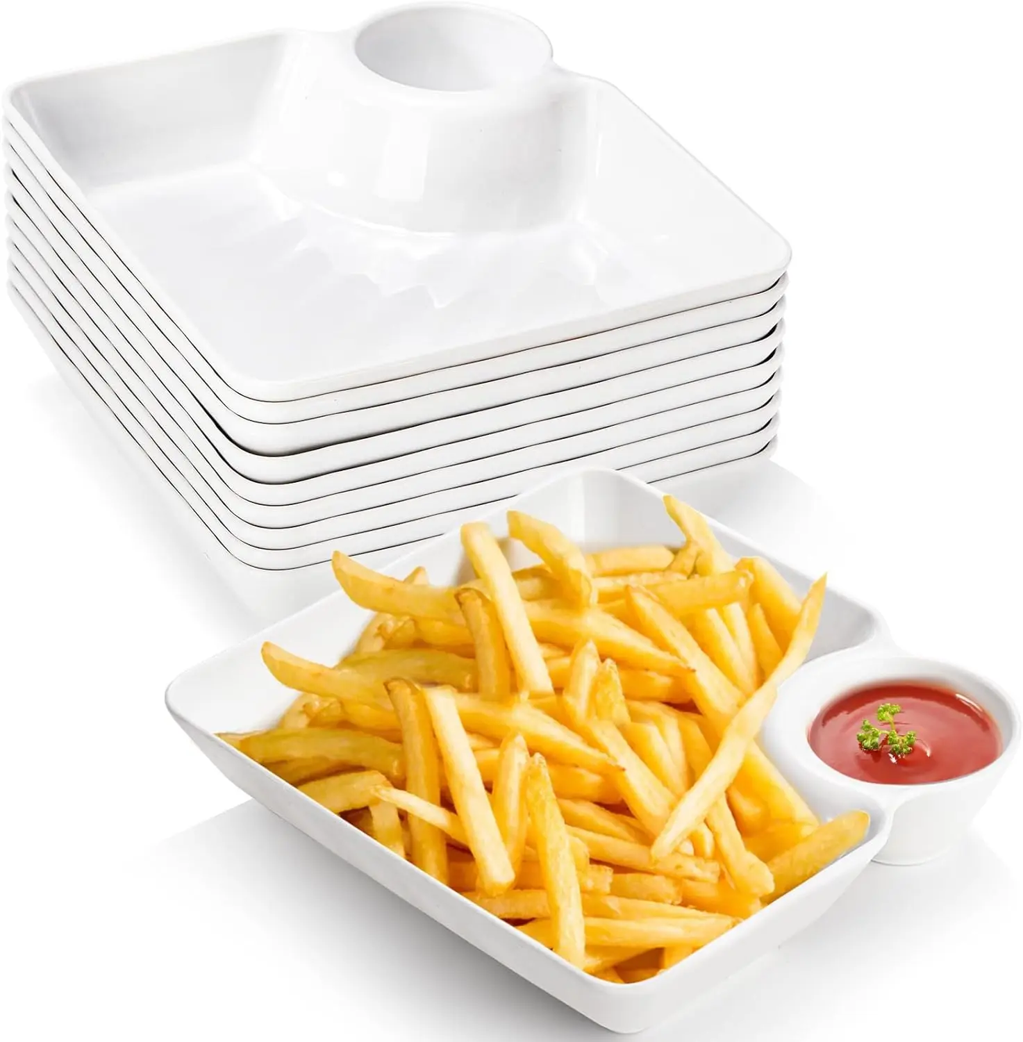 Juego de 10 Platos para Chips y Salsas, Platos Divididos Blancos de Plástico para Servir Aperitivos, Sushi, Salsa de Tacos, Reutilizables