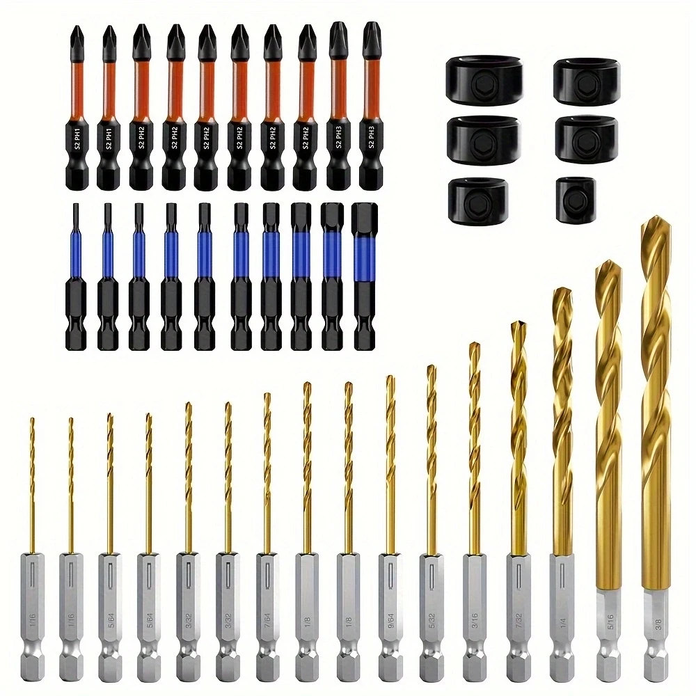 16pcs Twist Drill Bits with 10pcs PH2 and 10pcs hex Impact Magnetic Bits, 6 Pieces Drill Locators Set, Ideal for Drilling