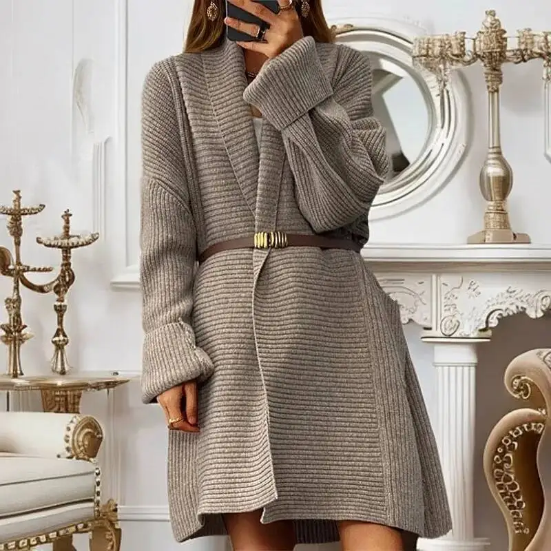 

Осень-зима 2024, женская одежда, новый утолщенный однотонный вязаный кардиган средней длины, свободный свитер с карманами, пальто