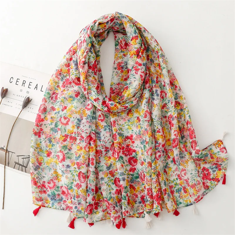 Beautiful Flower Print Tassel Scarf, Long Beach Head Xales, Floral Foulard Lenços, Hijab Wrap, Frete Grátis, Novo, 2023