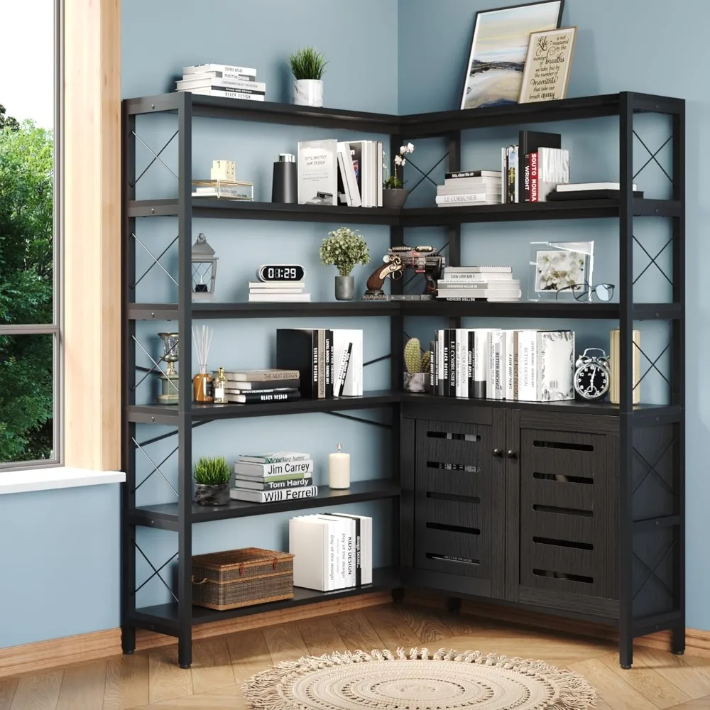 

6-Shelf Corner Bookshelf, Vintage Industrial Corner Shelf Etagere Bookcase, Large Book Shelf with Metal Frame Open Storage