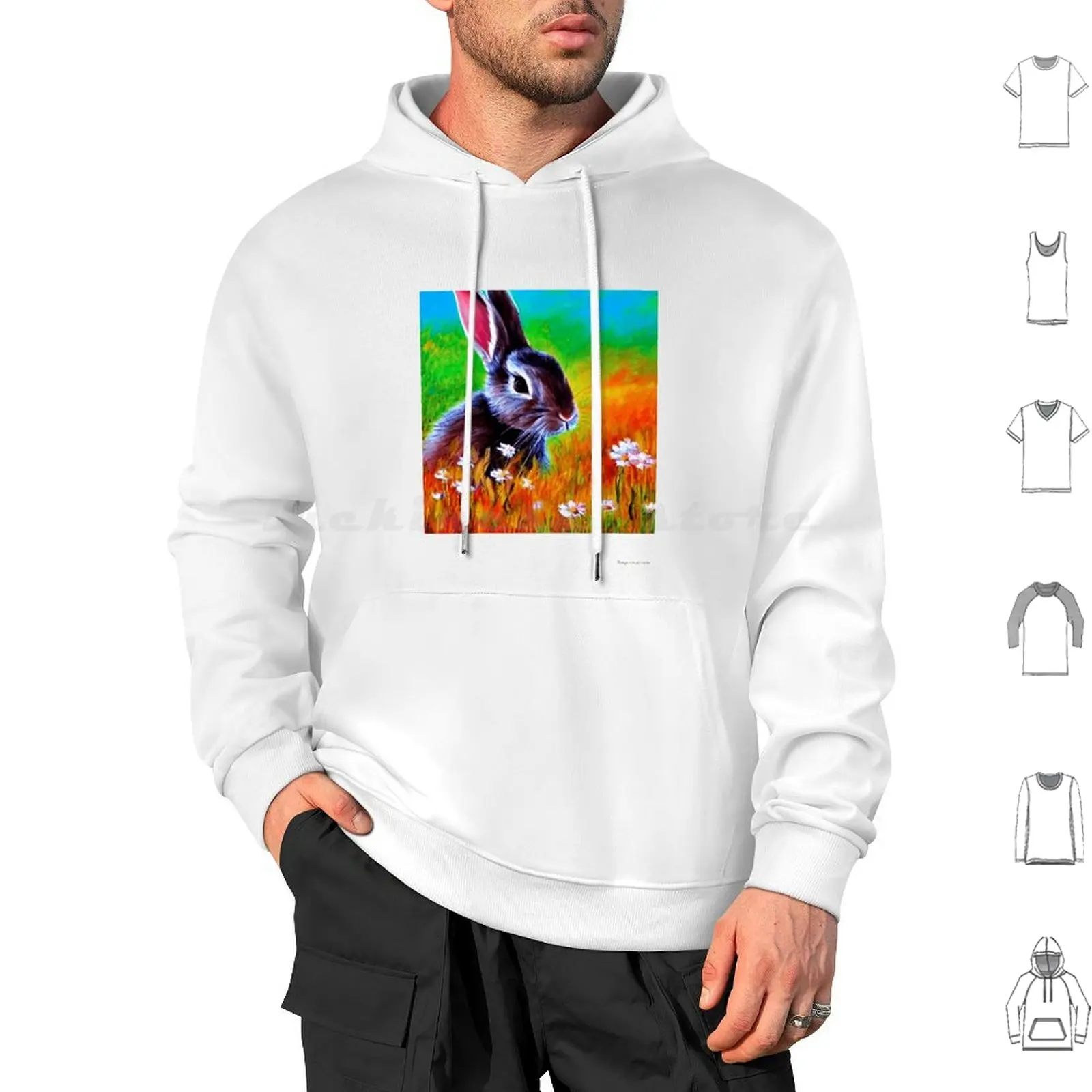 The Rabbit Ponders Hoodie cotton Long Sleeve Rabbit Grey Rabbit Shrubs Bushes Daisies Daisy Flowers Gray Meadow