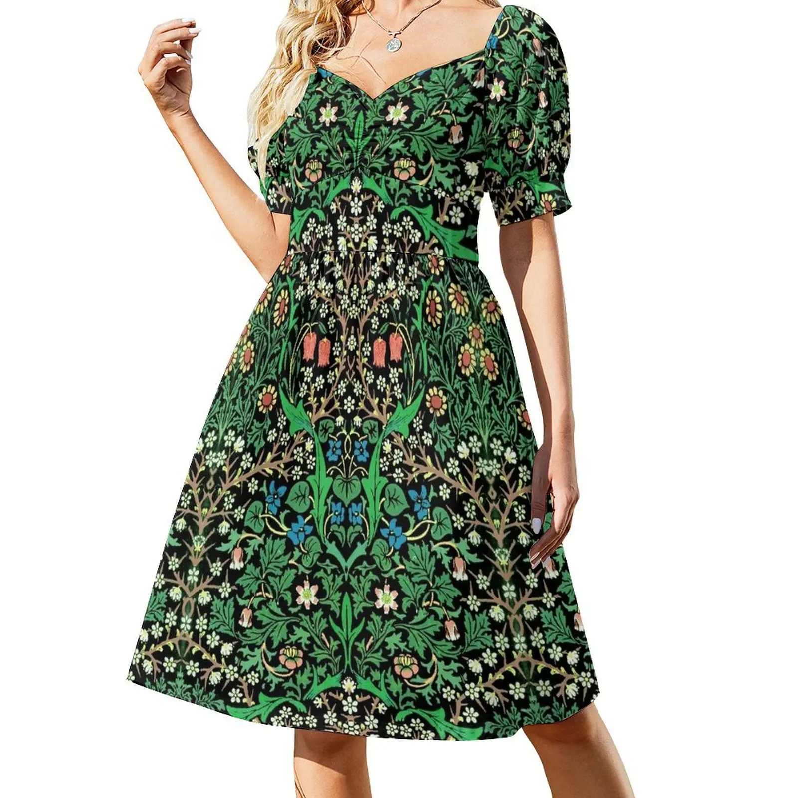 

William Morris Jacobean Floral, Black Background Short Sleeved Dress Dress woman Dress