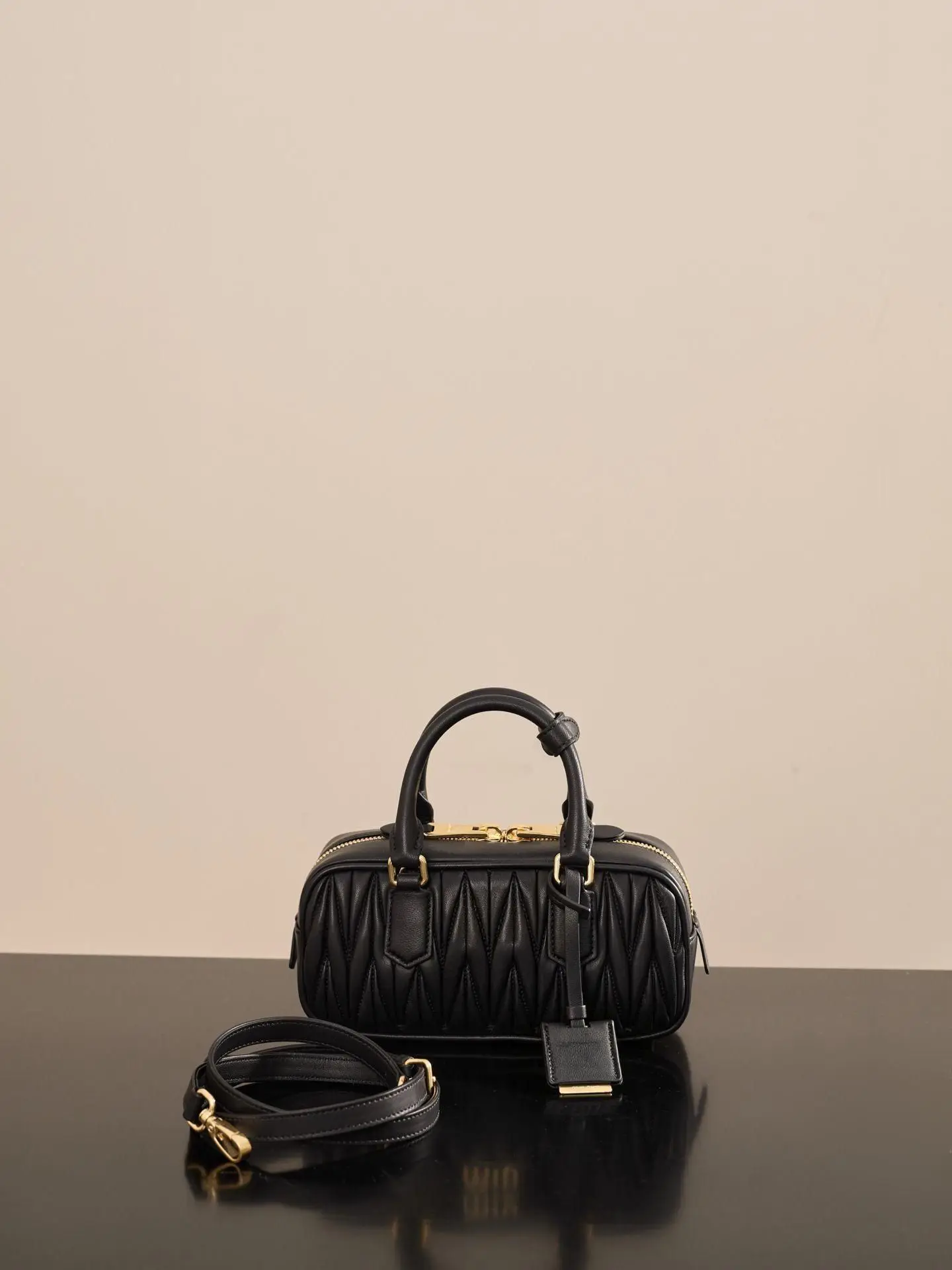

Black Ruched Leather Mini Boston Bag, Quilted Top-Handle Crossbody Purse with Gold Hardware, Luxury Designer Inspired Women's Handbag