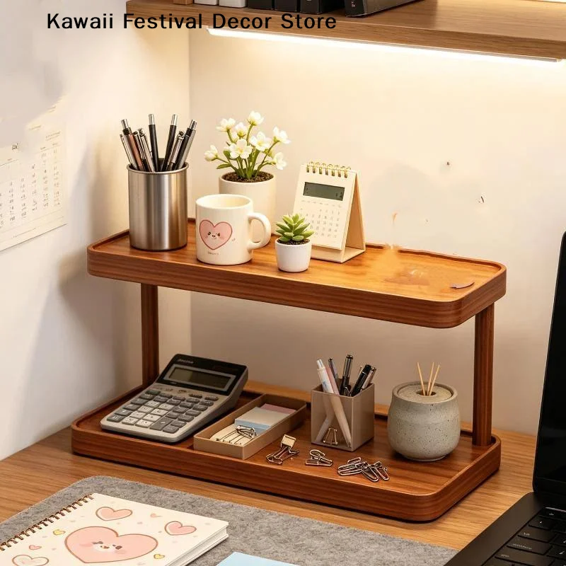 【K】Wooden 2/3 Tier Desktop Storage Shelf Sturdy Frame Multifunctional Large Storage Space For Home Office Study Organization