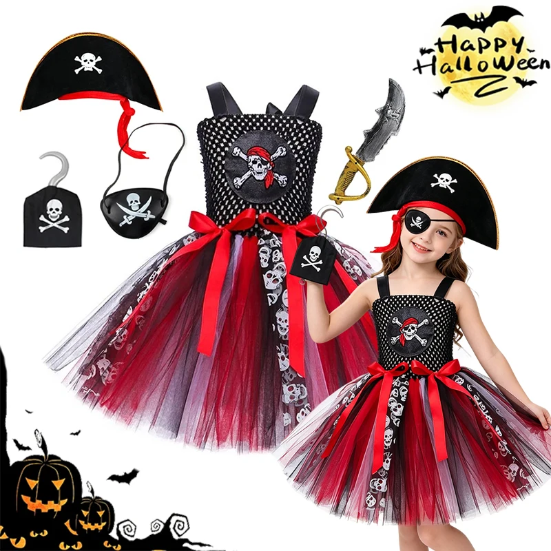 Girls Pirate Tutu Dress Skull Pattern Sleeveless Strap Skirt Kids Halloween Cosplay Costume For Carnival Party Fancy Dress Up