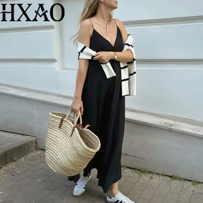 HXAO Długie Sukienki na Ramiączkach Damskie Lato 2024 Eleganckie Sukienki Plisowane na Imprezę Moda Damska Bez Pleców Czerwona Zielona Czarna Sukienka Vestidos