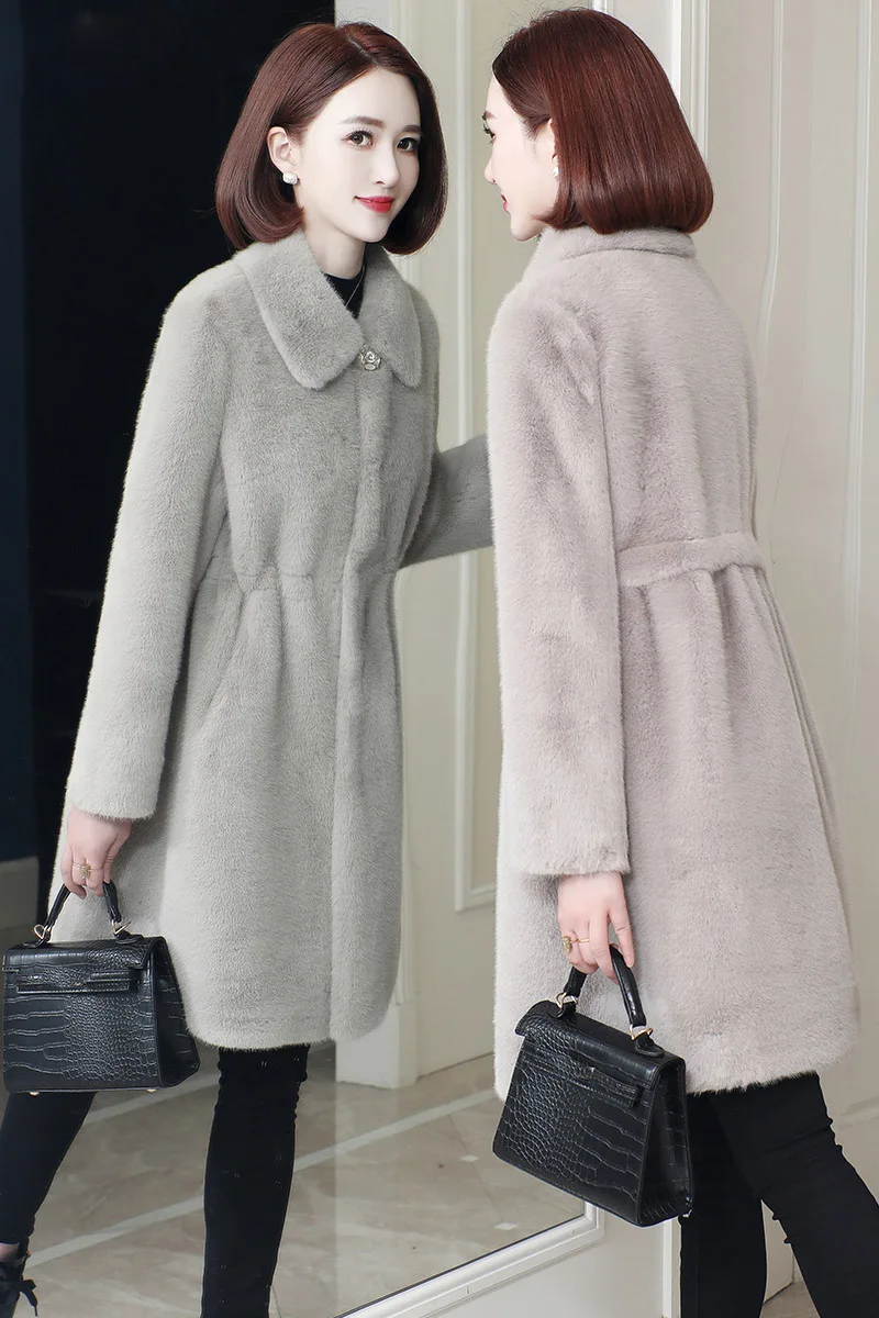 

2024 Women's Mid-Length Thickened Waist Faux Fur Coat Winter Fashion New Style0108