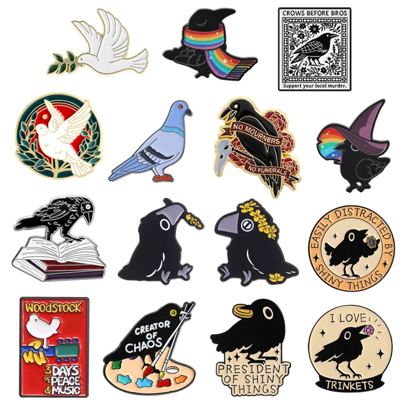 Pins Esmaltados Pomba da Paz, Corvo Preto Gótico, Animal Misterioso, Pomba, Broches de Paz Mundial, Emblemas de Lapela, Joias, Presentes para Amigos
