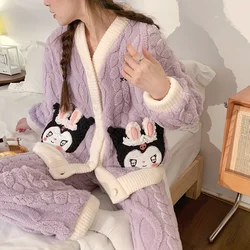 Anime Kuromi My Melody Plush Pajamas Suit Sanrioed Kawaii Cartoon Homewear Girl Student Cardigan Winter Coral Fleece Nightwear