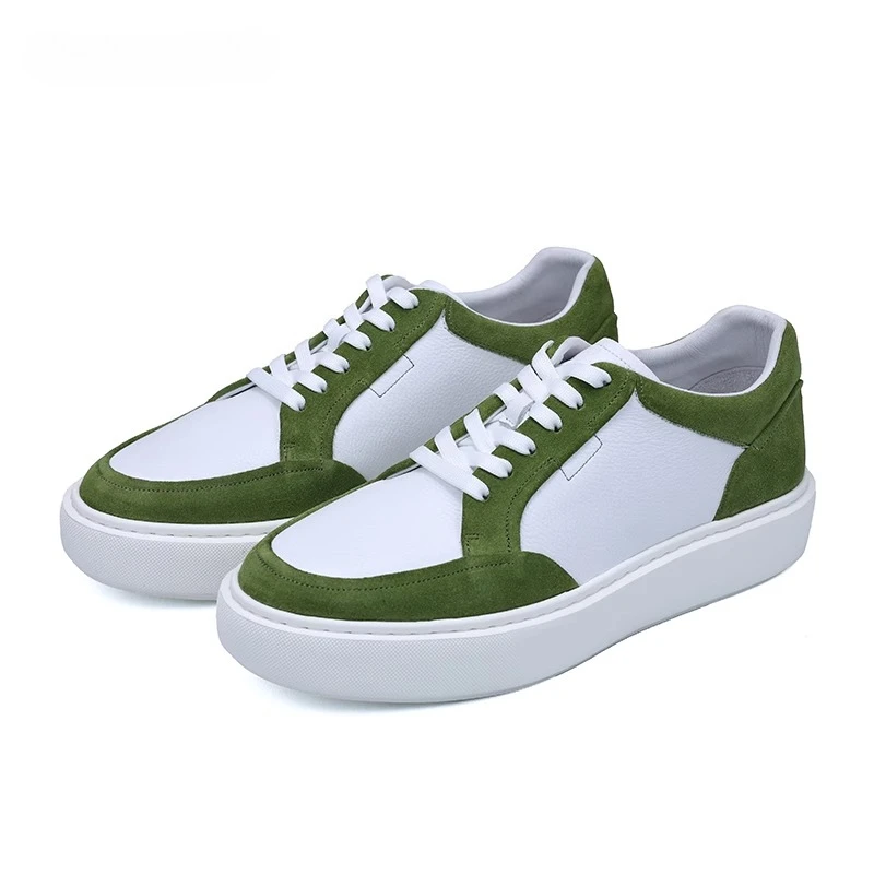 Men White Green ColorBlock Platform Sneakers Genuine Leather Suede Splicing LaceUp Round Toe Thick Sole Daily Casual Shoes