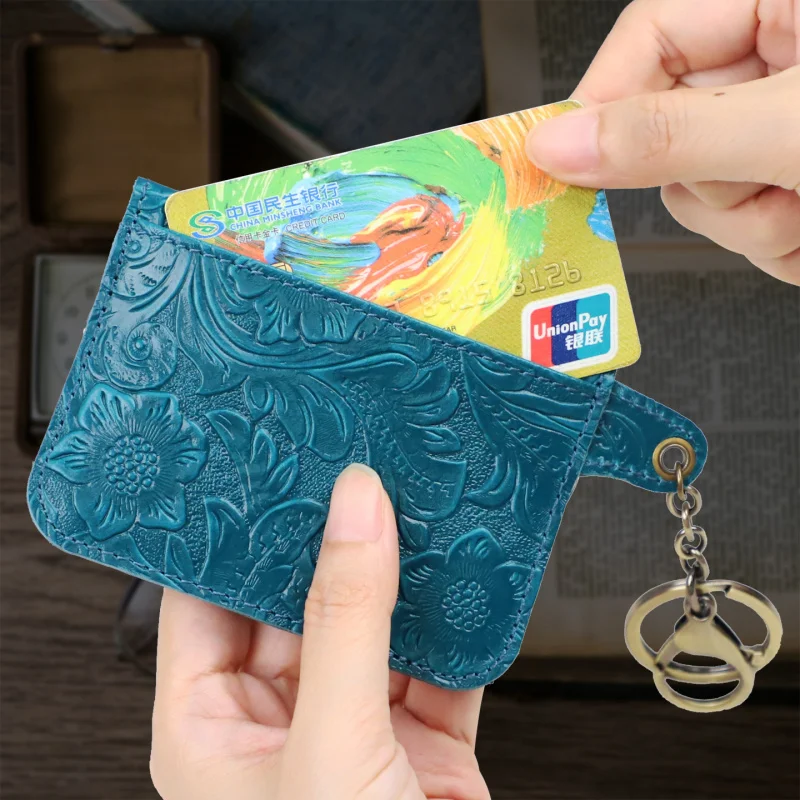 Vintage Genuine Leather Wallets Men'S Women'S Coin Purses Portable Storage Bag Card Holder With Keyring