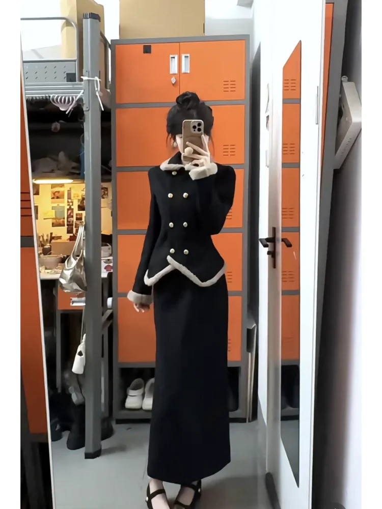 Inverno conjunto de três peças feminino estilo menina rica design destacável capa manga longa casaco cintura alta magro ajuste saia outfit