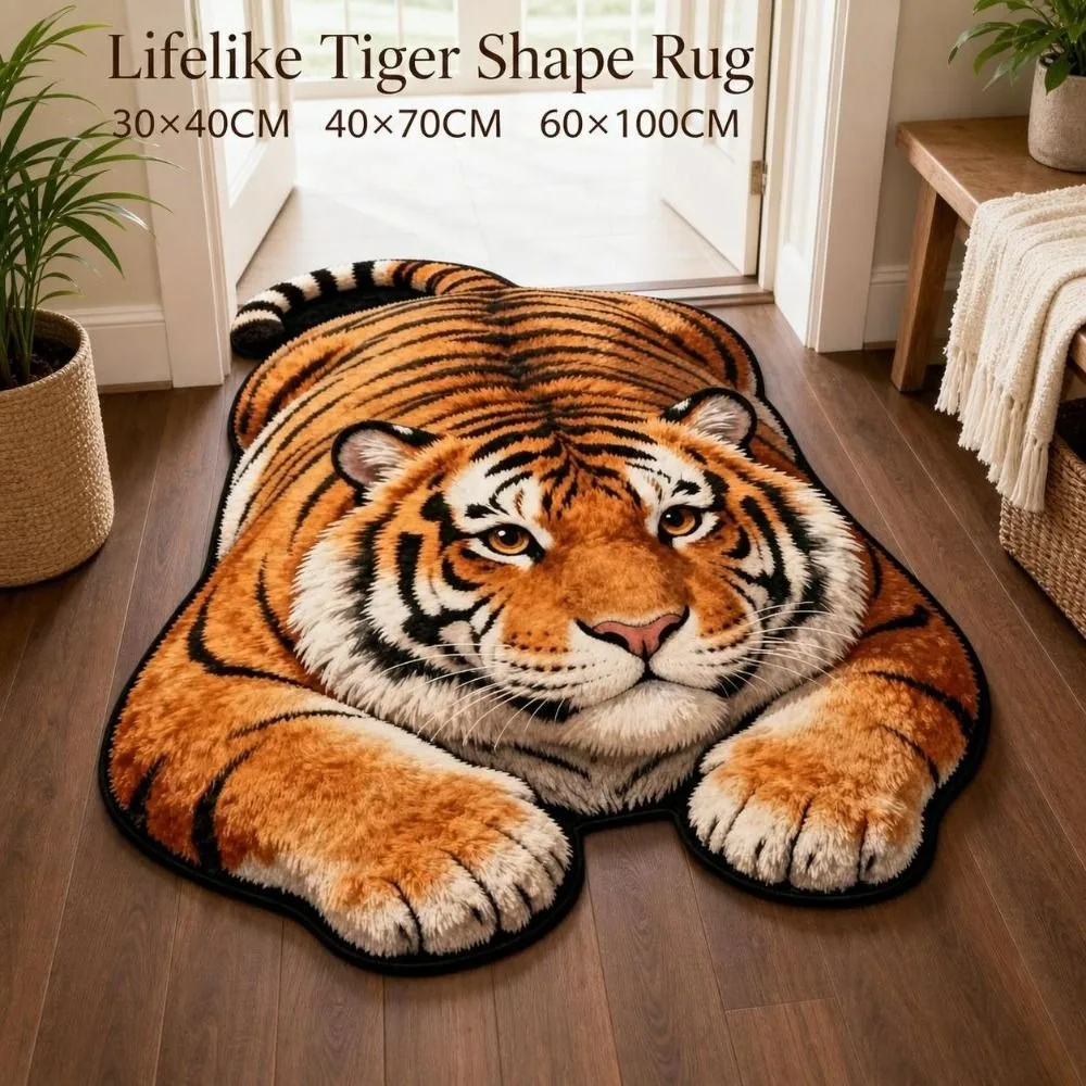 Tiger Shape Optical Illusion Doormat Multiple Sizes Non-slip Bedside Rug Lifelike Crystal Velvet Bedroom Floor Mat Home Decor