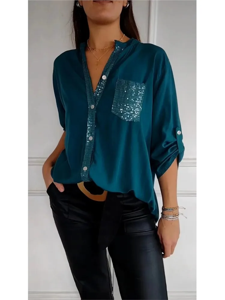 Women Casual Sequin Beaded Shirts Long Sleeve Vintage Shirt Spring Summer Fashion Turn-down Collar Button Blouse Geometric Tops