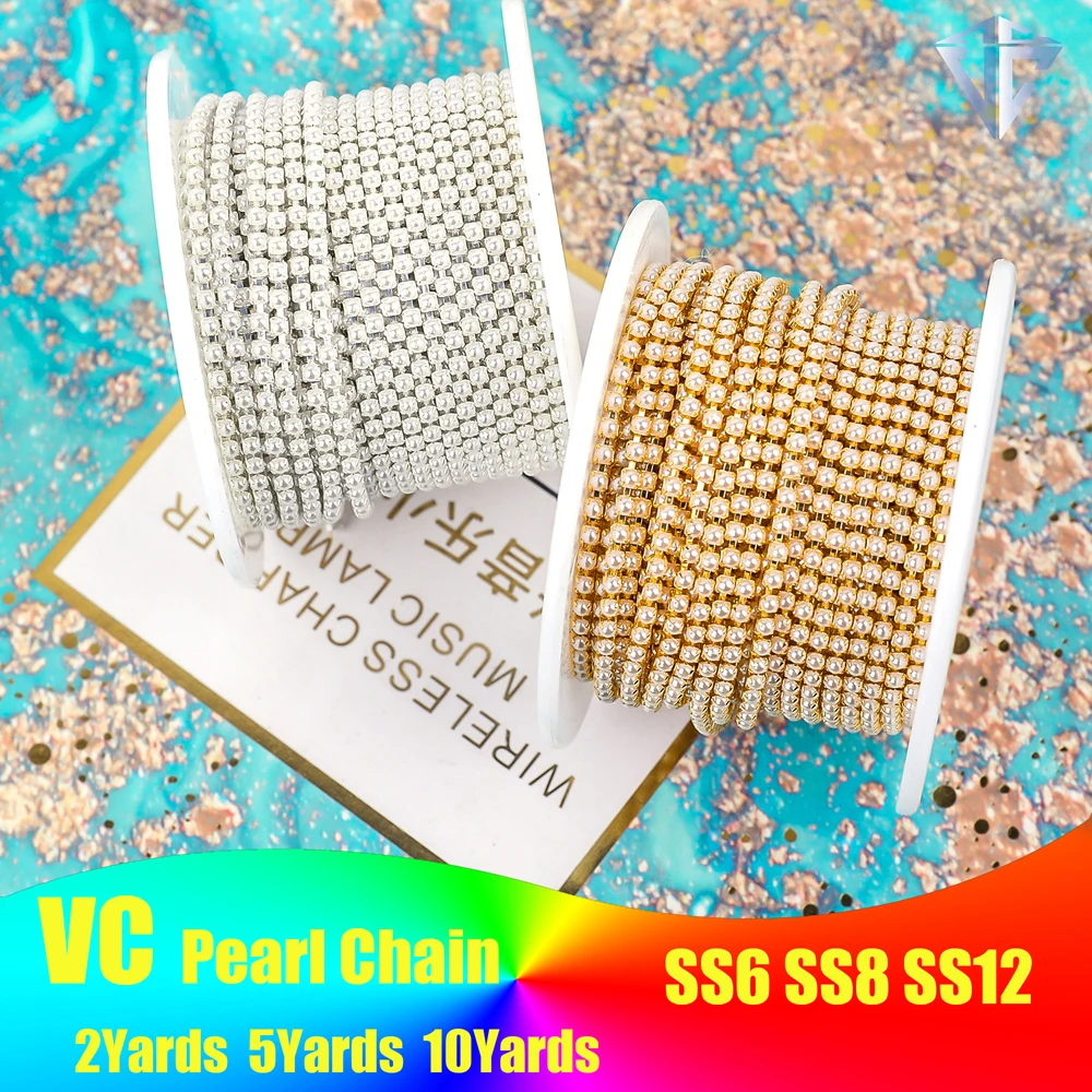 2mm 3mm 10 yarde oro perla strass tazza catena vetro denso strass ABS catena di perle Trim abbigliamento catena tazza per indumento