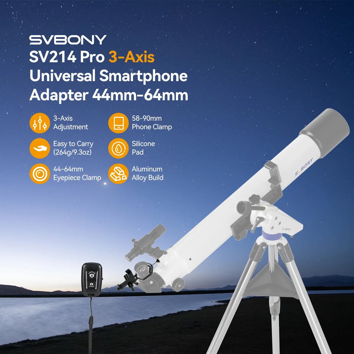 Svbony SV214 Pro 3-Achsen-Universal-Smartphone-Adapter 28 mm-48 mm/44 mm-64 mm Klemmbereich für Teleskope oder Digiscoping – Detail 12