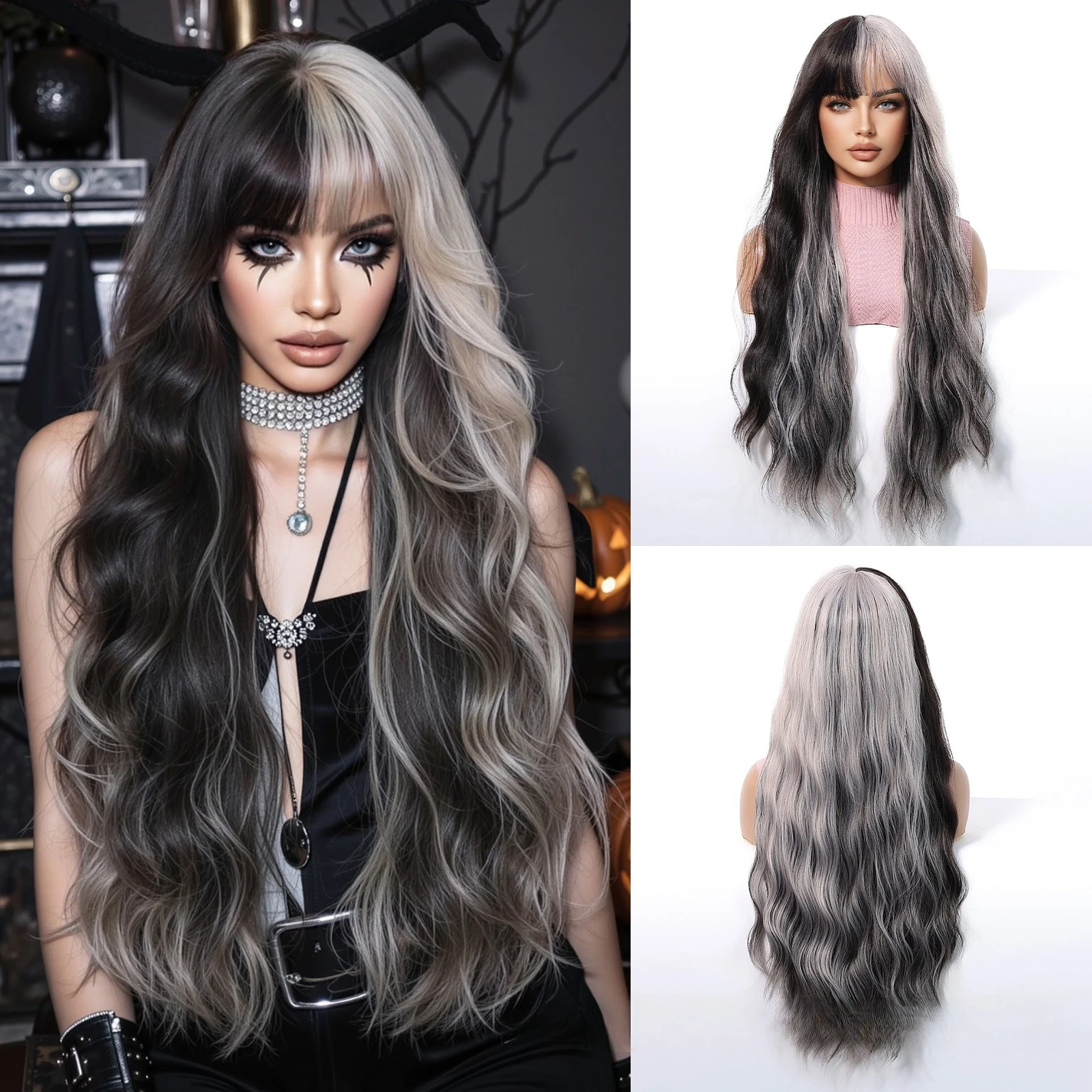 Perruque de mode pour femmes, ensemble de tête complète, noël, Halloween, frange croisée, grandes vagues, perruque de Cosplay, décoration quotidienne épicée pour filles