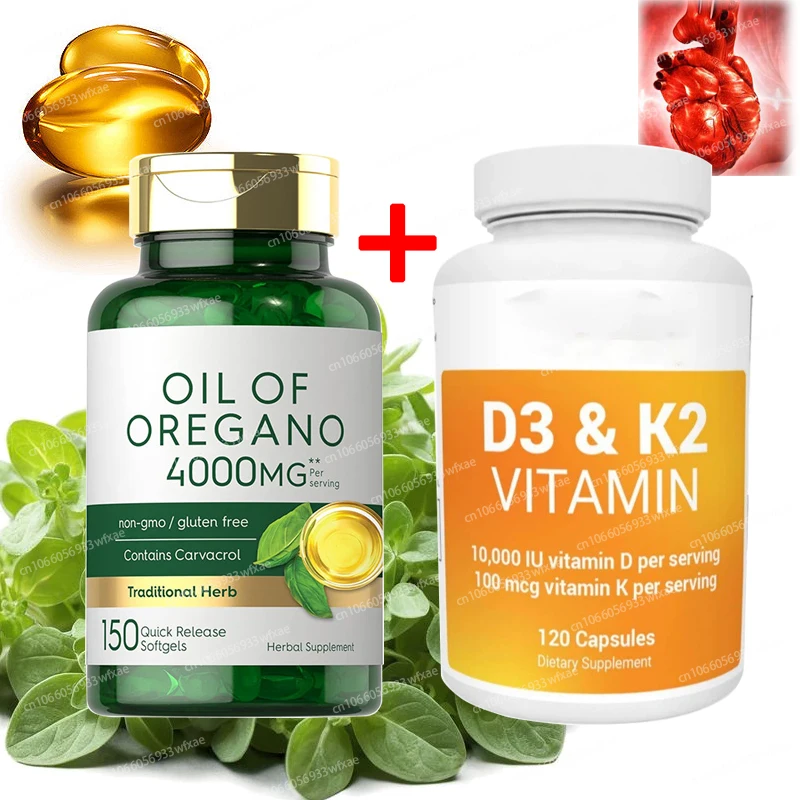 

2Bottle Oregano Oil Extract Capsules for Digestion&Intestinal Health Anti inflammatory 120 Vitamin D3 K2 Bone Heart Health