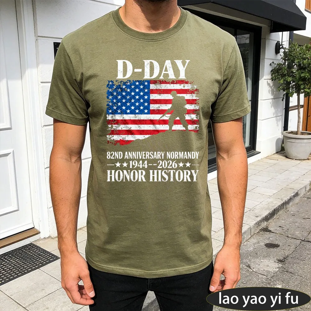 Vintage D-Day Normandy Men's T-Shirt, 1944-2026 82nd Anniversary US Flag Soldier Print Honor History Patriotic Casual Cotton Tee