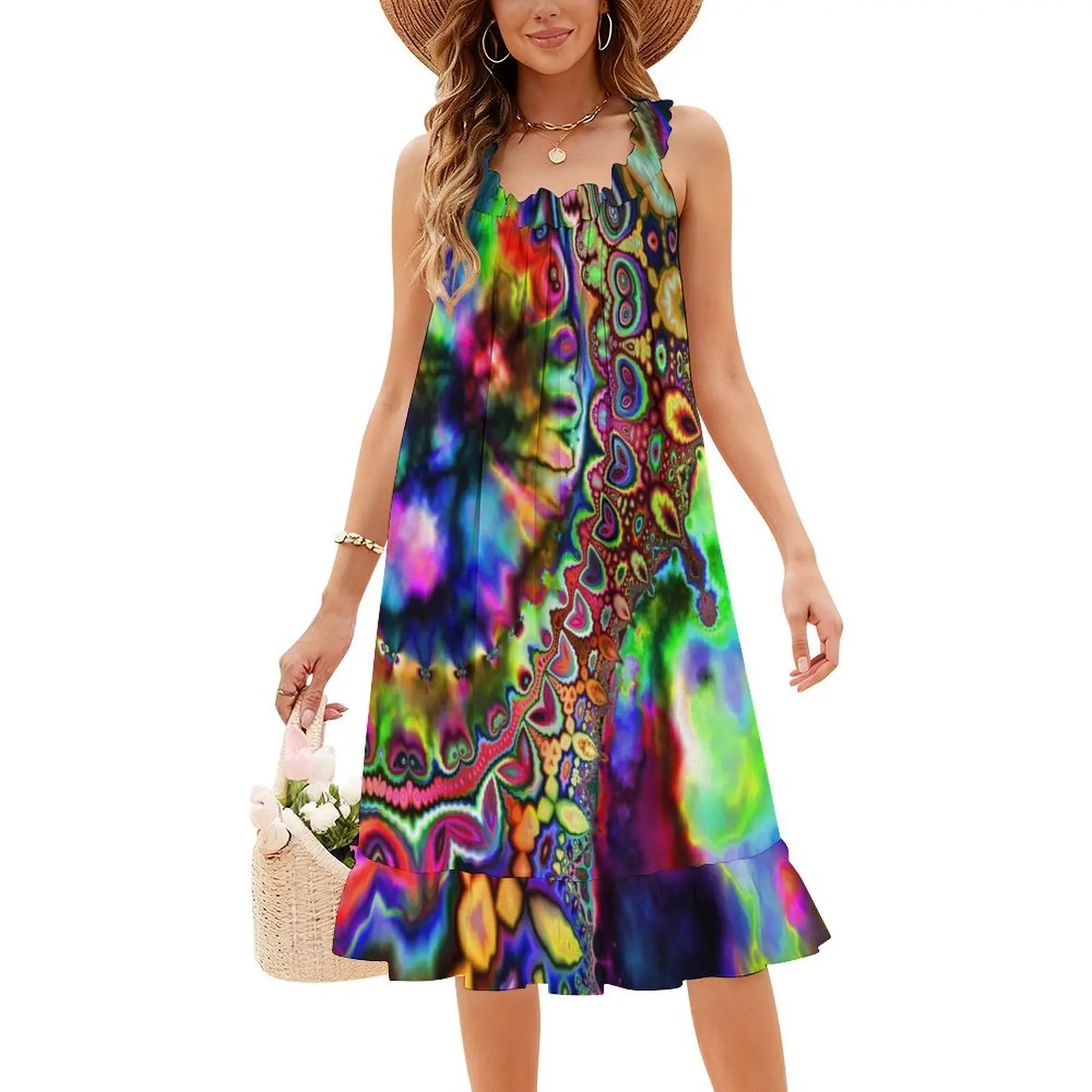 Sukienka w stylu koreańskim dla kobiet, elegancka sukienka codzienna na imprezę lub do noszenia na co dzień, tęczowy fraktal, psychodeliczna, trippy.