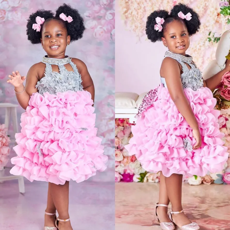 Roze Kralen Kids Verjaardagsjurken Prinses Hoge Hals Kort Meisje Tutu Outfit Baby Gala Jurken Voor Fotoshoot